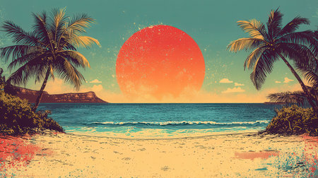 Tropical beach at sunset with palm trees and sand, retro styleの素材