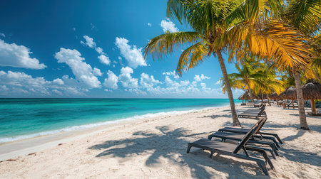 Paradise beach with sunbeds and palm trees at Maldivesの素材