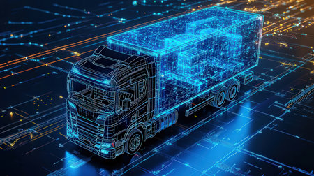 3d rendering of a truck with a binary code on a blue backgroundの素材