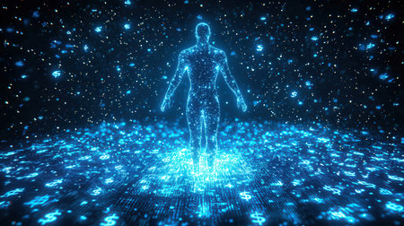 3D rendering of a holographic human figure in front of a binary code backgroundの素材