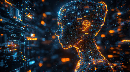 3d rendering of artificial intelligence cyborg head with circuit board backgroundの素材