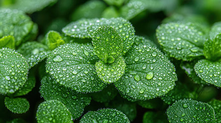 Mint leaves with dew drops close-up. Natural background.の素材
