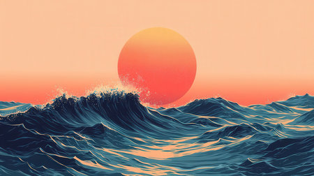 Illustration of a sunset in the sea with a sun and wavesの素材