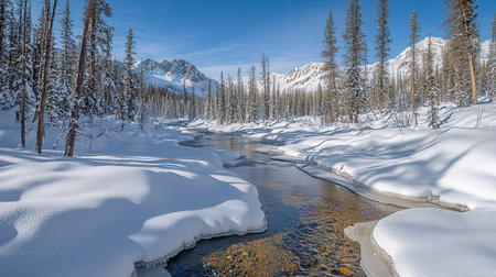Snowy Mountain Landscape in Winter, Jasper National Park, Alberta, Canadaの素材