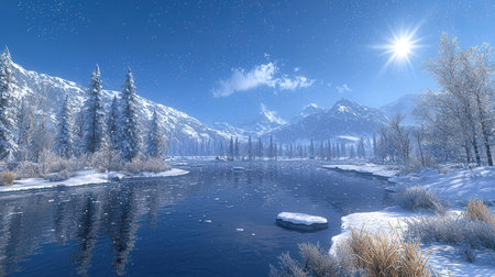 Fantastic winter landscape with snow covered trees and lake. 3d renderの素材