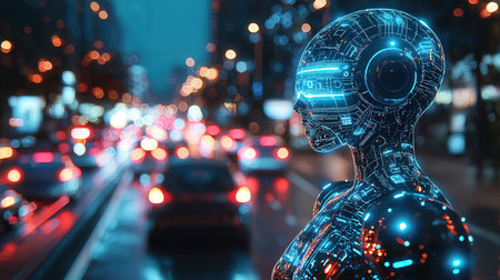 3d rendering humanoid robot on blurred city street with light bokehの素材