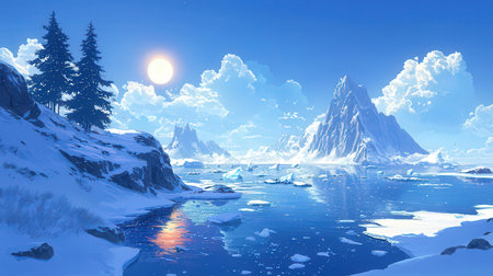 Fantasy winter landscape with mountains and frozen lake. 3D illustrationの素材