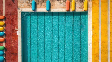 Top view of swimming pool with blue water and yellow sand background.の素材