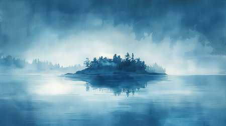 Foggy landscape with pine trees on the island. Digital painting.の素材
