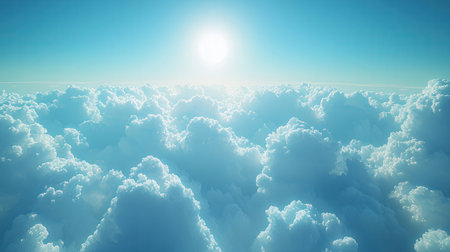 Aerial view above beautiful cloudscape with sun. 3d illustrationの素材