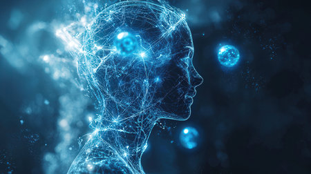 3D rendering of a female cyborg head with glowing particles on blue backgroundの素材