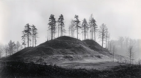 Pine trees on top of a hill in a foggy dayの素材