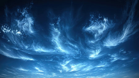 Beautiful blue sky with fluffy clouds. Fantasy fractal background. 3D renderingの素材