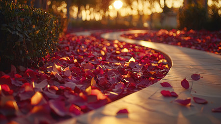 Red rose petals fall on the ground in the park at sunset.の素材