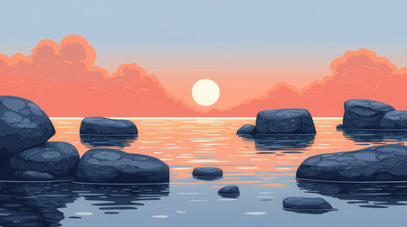 Illustration of a sunset over the sea with large stones in the waterの素材
