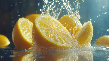 Fresh lemon slices with water splash on dark background. Close up.の素材