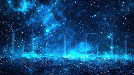 solar energy panels and wind turbines in the night sky 3d renderingの素材