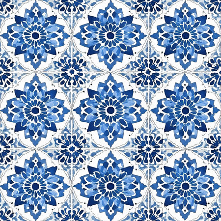 Talavera pattern. Azulejos portugal. Turkish ornament. Moroccan tile mosaic. Spanish porcelain. Ceramic tableware, folk print. Spanish pottery. Ethnic background. Mediterranean seamless wallpaper.の素材