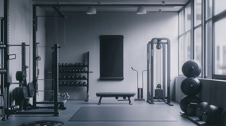 Modern gym interior with equipment. 3d rendering mock up toned imageの素材