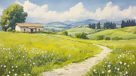 Landscape with meadow and house in Tuscany, Italyの素材