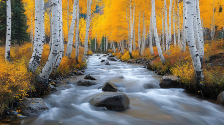 Streaming water in the colorful foliage of Aspen trees during foliage seasonの素材