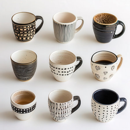 Coffee mugs on a white background, top view.の素材