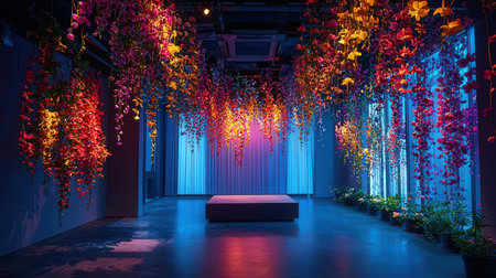 Interior of the modern hall decorated with flowers and neon lights.の素材