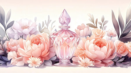 Perfume bottle with pink flowers and leaves, vector illustration.の素材