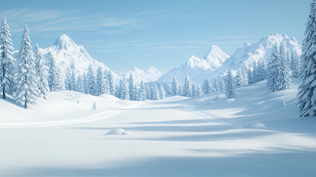 Winter landscape with snow covered fir trees and mountains. 3d renderの素材