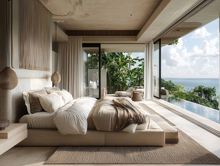 Luxury bedroom with sea view, 3d rendering. Computer digital drawing.の素材