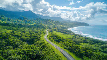 Aerial view of the road in the mountains and the sea.の素材