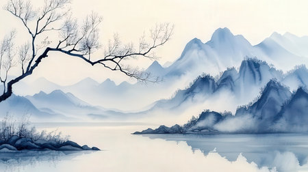 Landscape of mountains and lake in a misty winter morning.の素材
