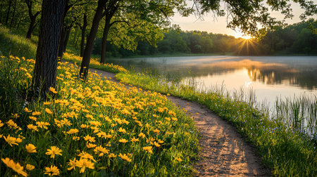 Sunrise over the lake with yellow flowers in the foreground, spring landscapeの素材