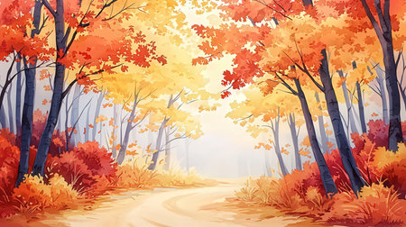 Autumn forest background with colorful autumn trees and road. Vector illustration.の素材