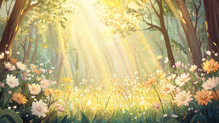 Illustration of a beautiful spring forest with flowers and sunbeamsの素材