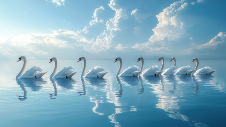 swans on blue lake water in sunny day, swans on pond, nature seriesの素材