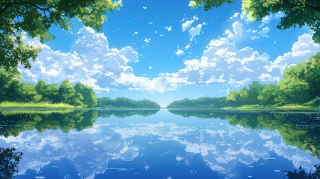 Beautiful summer landscape with lake and blue sky. Vector illustration.の素材