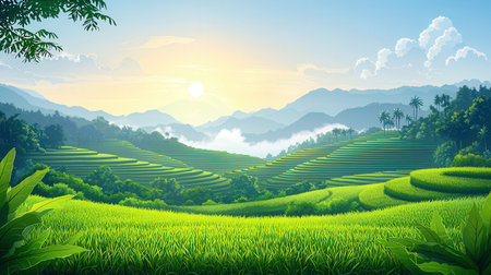 Green rice terraces in the morning. Nature background. Vector illustration.の素材