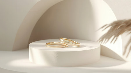 Two gold wedding rings on a white podium. 3D rendering.の素材
