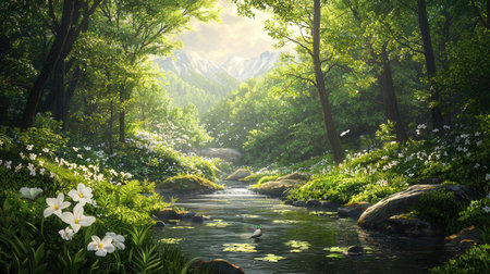 Mountain landscape with a small river and white daffodilsの素材