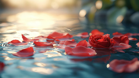Red rose petals floating on water surface with sunlight and bokehの素材