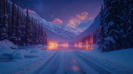 Snowy road at night in Canadian Rockies, Alberta, Canada.の素材