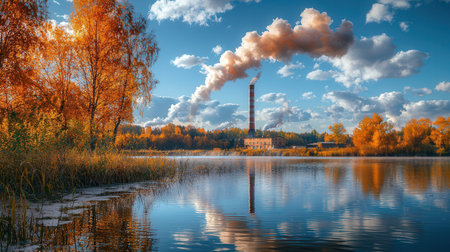 autumn landscape with the image of the river and a power plantの素材