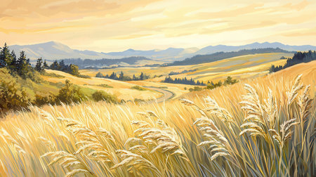 Rural landscape with wheat field and mountains at sunset. Digital painting.の素材