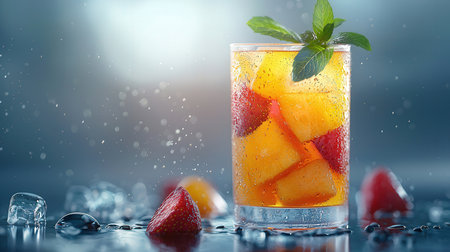Refreshing summer drink with ice cubes, strawberries and mint on dark backgroundの素材