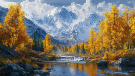 Autumn mountain landscape with river, forest and snow-capped peaksの素材