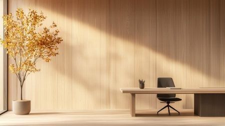 Interior of modern living room with wooden walls, concrete floor, comfortable wooden computer desk and plant in pot. 3d renderingの素材