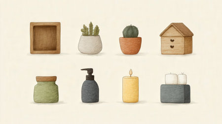 Illustration of a set of wooden cactus in pots and candlesの素材