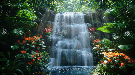 Beautiful waterfall in tropical forest,3d rendering. Computer digital drawing.の素材