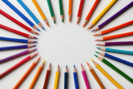 Colored pencils arranged in a circle on white background with copy spaceの写真素材